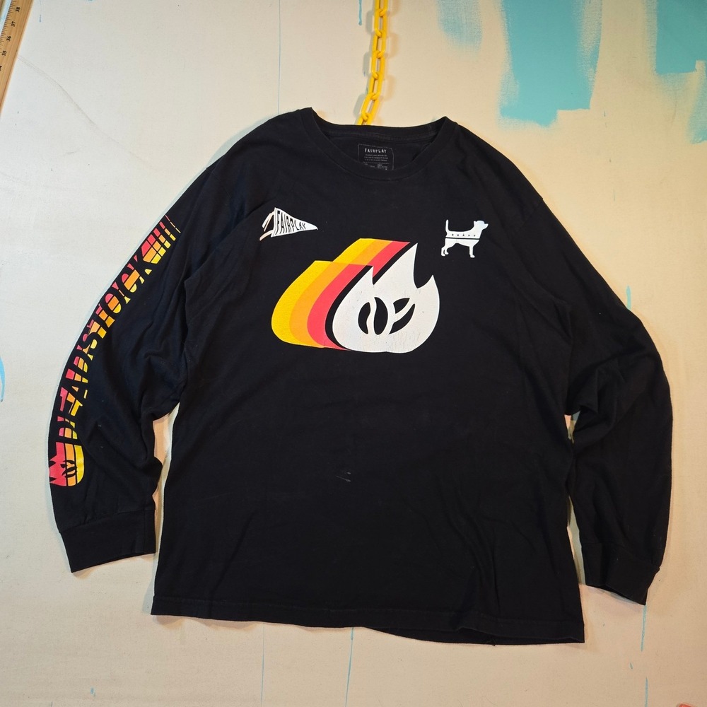 Fairplay‎ x Deadstock Coffee Collab T-Shirt Mens L Flame LS Black Portland 20x29
